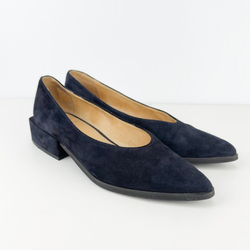 FRANK & OAK Suede Leather Low Heel Pointed toe Sailor Chic Navy Blue sz 7.5 / 38